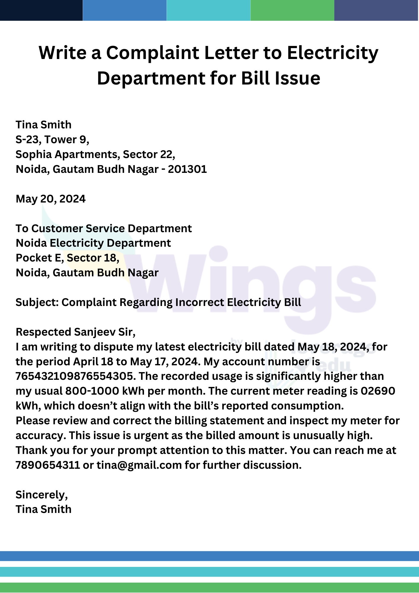 Write A Complaint Letter To Electricity Department For Bill Issue