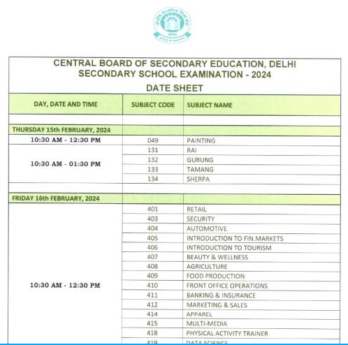 Class 10 CBSE Exam Datesheet 2024
