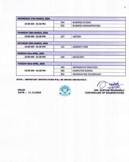 CBSE Class 12 Revised datesheet 2024