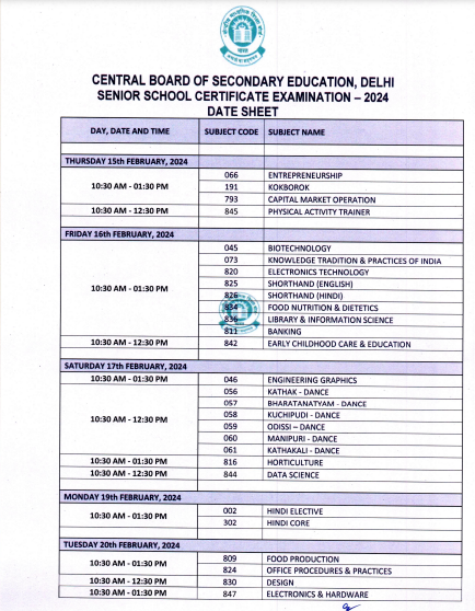 CBSE Class 12 Revised datesheet 2024