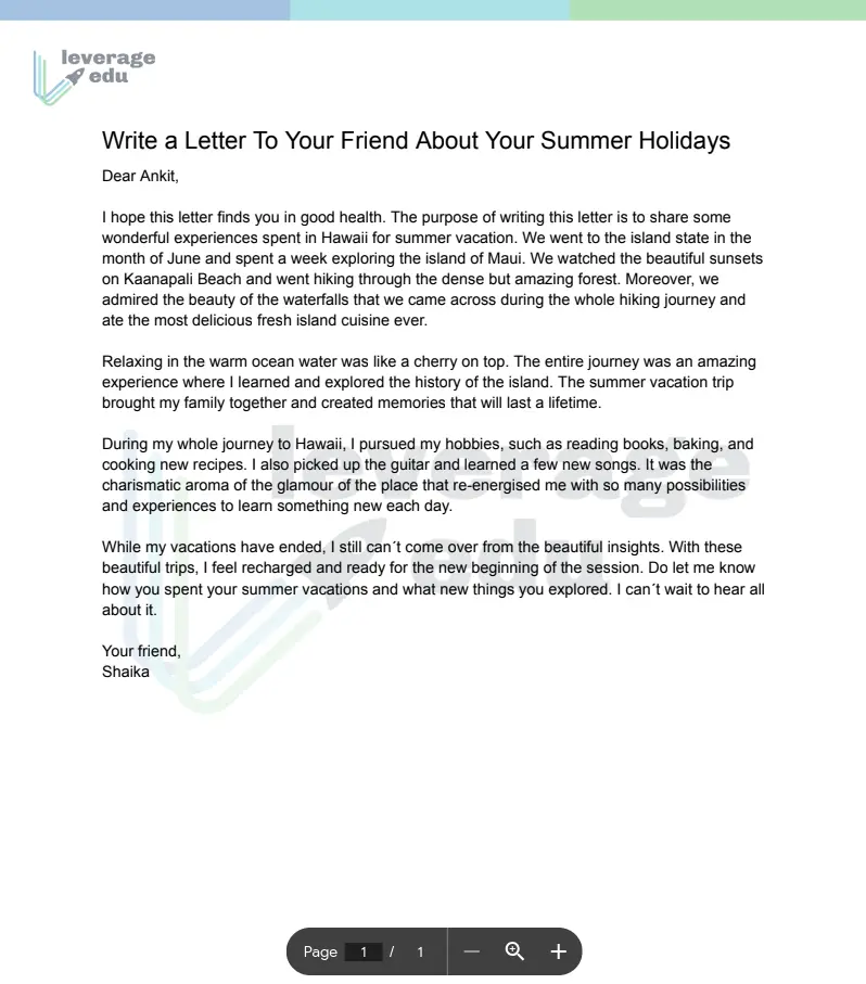 Letter To Friend About Summer Holidays