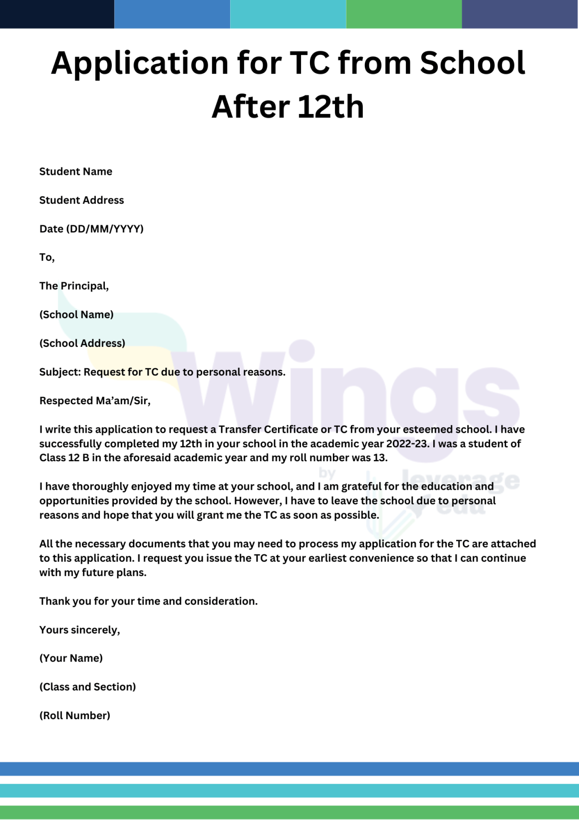 Application for TC from School After 12th in English | Leverage Edu