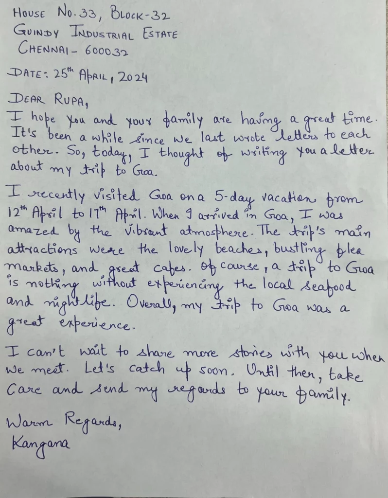 letter to your friend about your trip to goa
