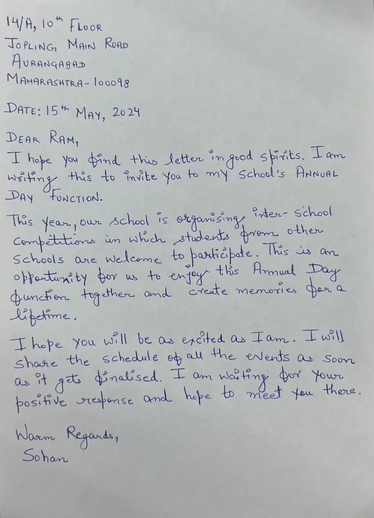 Letter To Your Friend Inviting Him To Your School's Annual Day Function